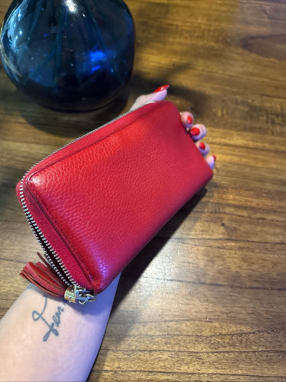 Gucci Red Pebbled Leather Tassel Zip Around Wallet